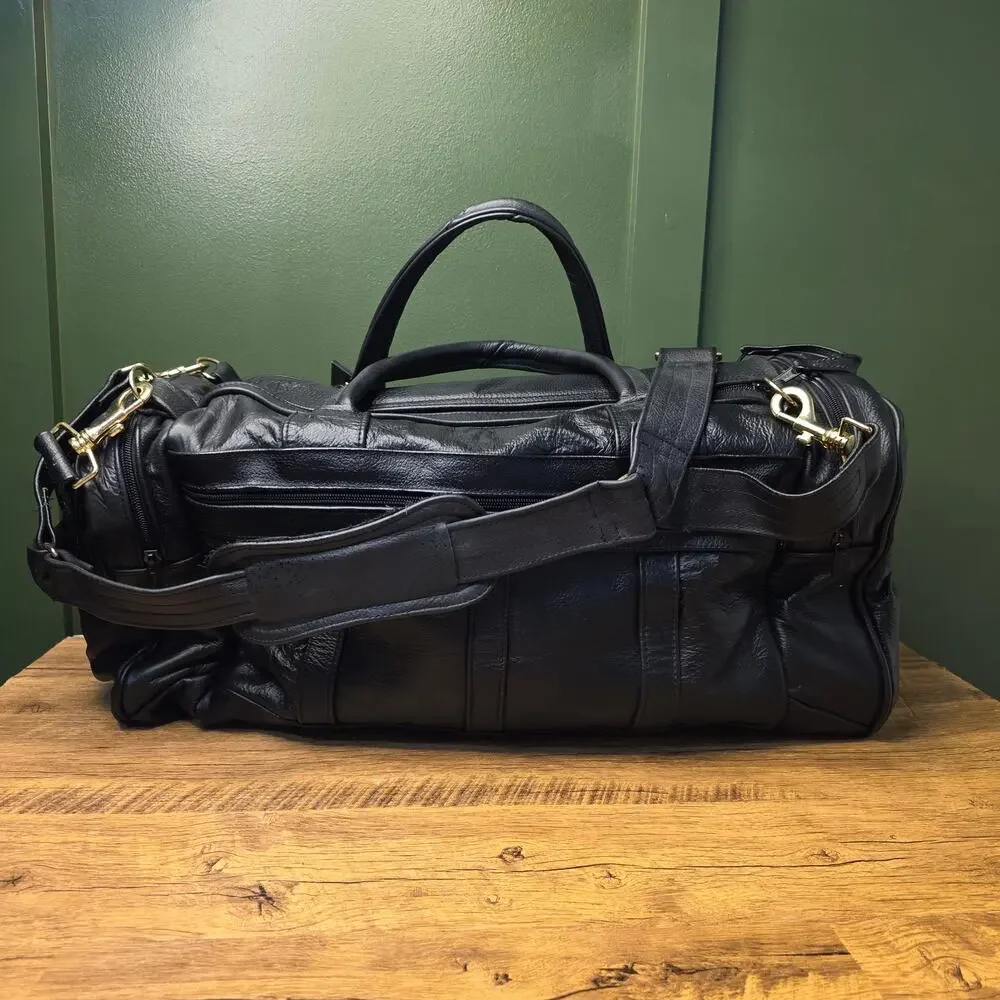 Black leather duffle Travel Weekender bag Gym Shoulder carry-on 20x11x9in